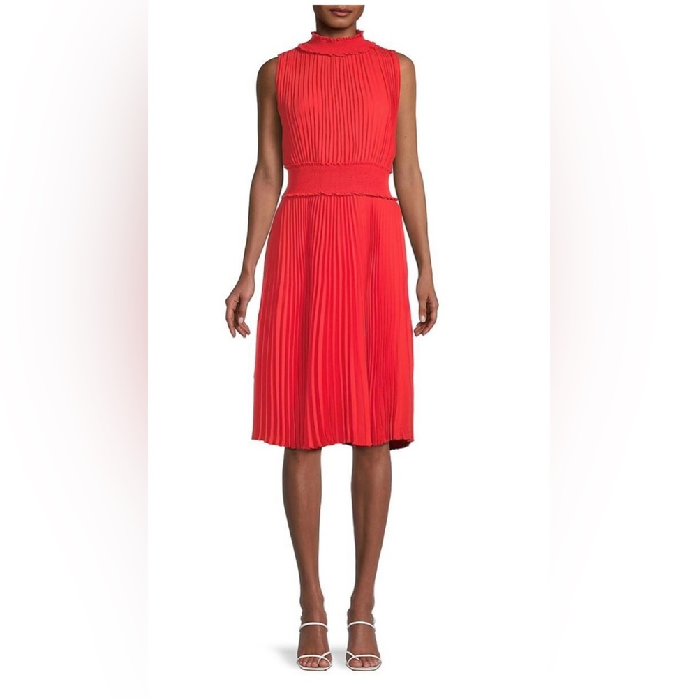 Nanette Lepore Shirred High Neck Pleated Sleeveless Midi Dress Saffron Sun Sz 8